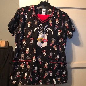 Minnie Mouse scrub top and red Dickies pants
